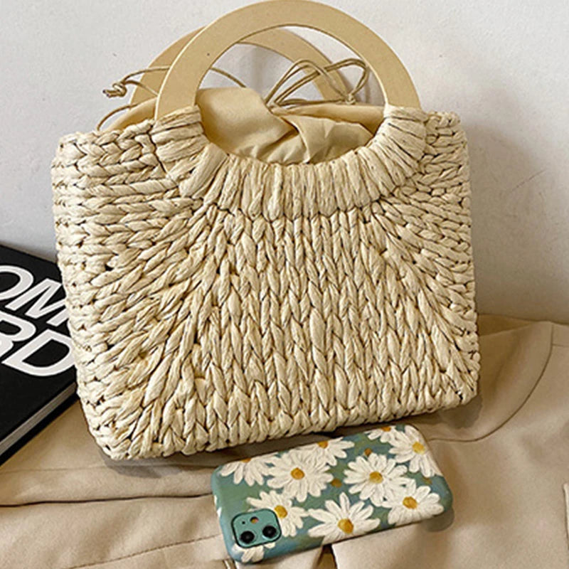 Fashion Lady Straw Woven Basket Handbag Summer Women's Shoulder Bag Bohemia Travel Beach Han made Beach Bucket Shopper Tote