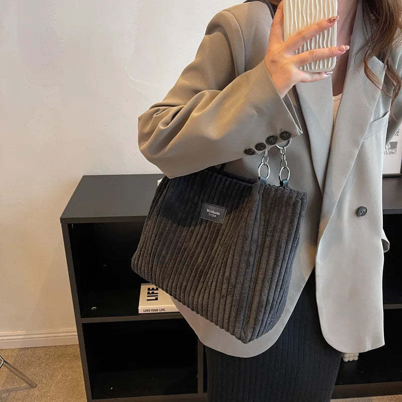 Women Corduroy Shoulder Bag Solid Color Handbag Shoulder Strap Large Capacity Simple Multifunctional Design Casual Totes
