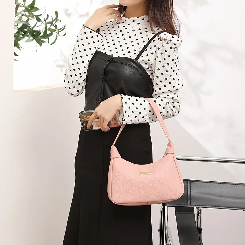 Fashion Shoulder Bag for Women, Solid Color Synthetic Leather Handbag with Zipper Closure, Versatile Underarm Dumpling Purse