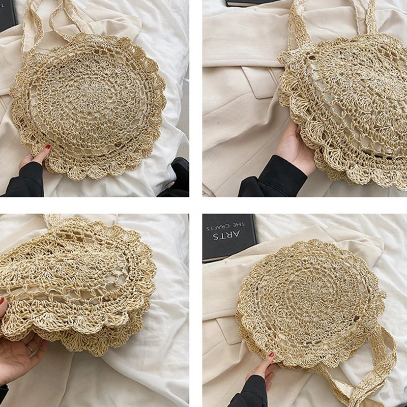 Summer Round Straw Bag Women Woven Rattan Beach Bag Hot New Shoulder Bag Circle Hollow Out Handle Bag Casual Shopper Tote Pouch