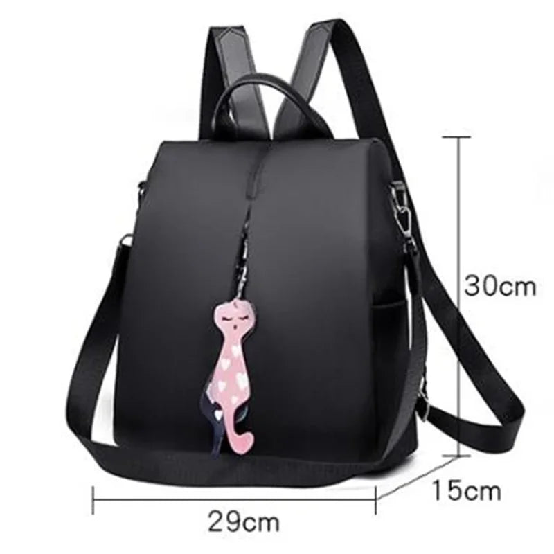 Solid Color Large Daypack for Female, Bagpack with Cat Pendant ,Women Simple Travel Shoulder Bags ,Multi-use Nylon Backpack