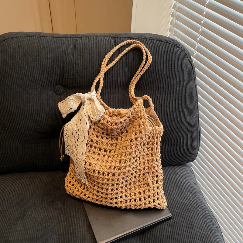 Summer Hollow Woven Shoulder Bags Women's New Casual Beach Bag Versatile Lace Design Commuting Shoulder Tote Bag