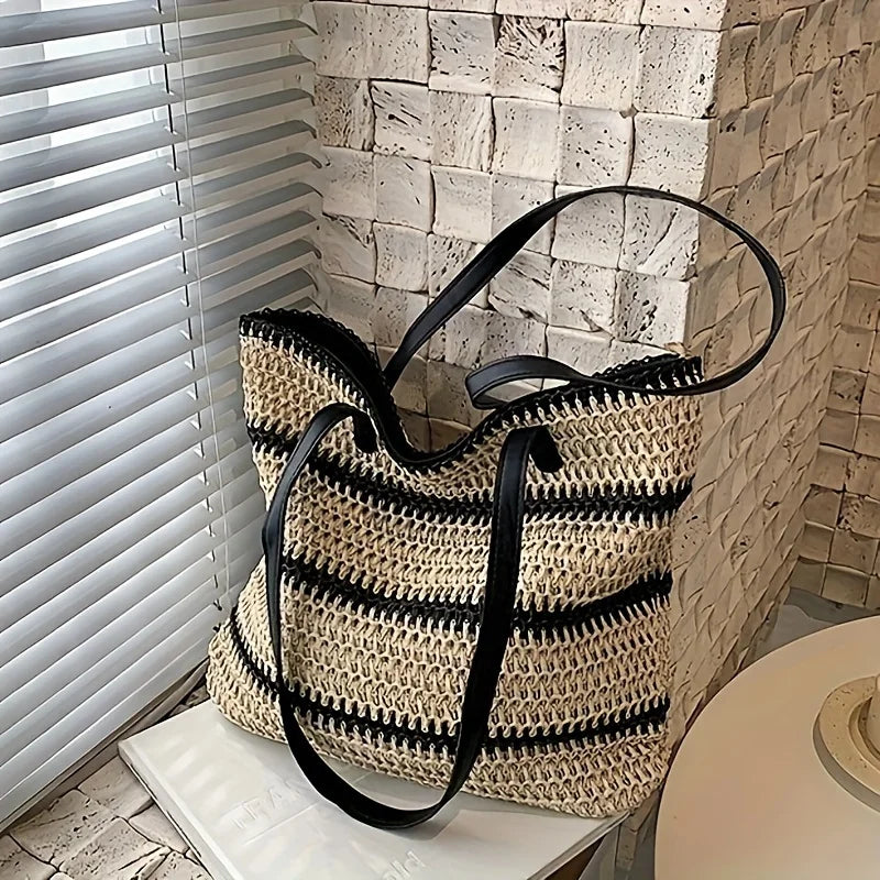 Large Boho Chic Striped Woven Tote Bag, Spacious Shoulder Beach & Shopping Bag for Women with Black and White Design, Beach Bag