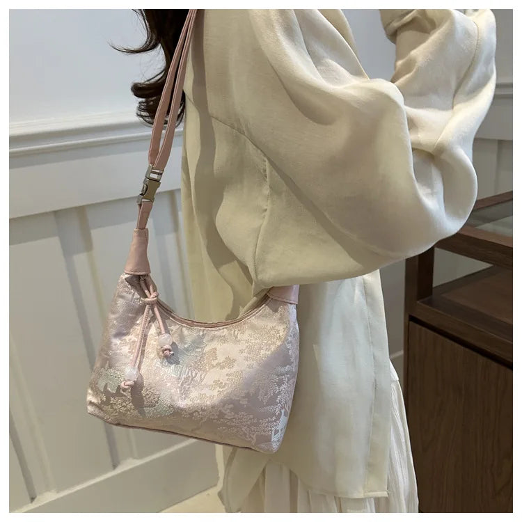 Fashionable Chinese Handbags Fashion Trend Single Shoulder Bag Light Simple Crossbody Bag Random Printed Satin Women's Tote Bag
