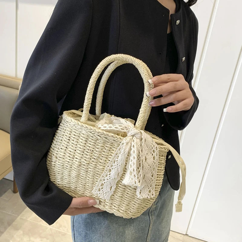 Women Straw Woven Drawstring Handbag Girls Solid Color Holiday Purse Crossbody Beach Bags Summer Rattan Tote