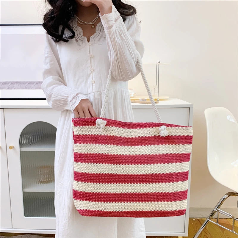 Women Straw Shoulder Bag Color Contrast Beach Handbag Large Capacity Simple Shoulder Bag Ladies Summer Daily Bag