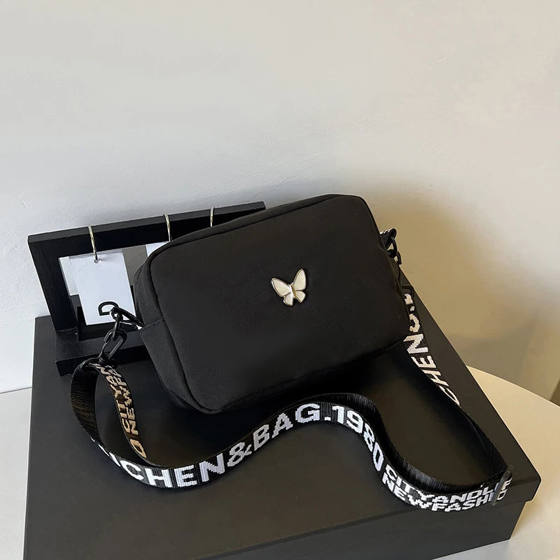 Black&white Shoulder Bag Durable Butterly Nylon Crossbody Bag Wide Belt Crossbody Bag Casual Small Sqaure Bag For Women