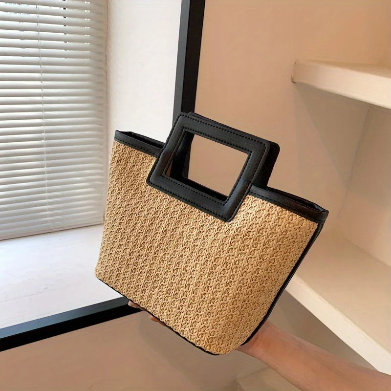 Retro Woven Bag, Summer Solid Tote Bag, Contrast Binding Straw Handbag for Women Business/Work/Office/Festivals/Vacation/Holiday