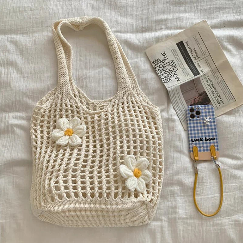 Women's Large Capacity Solid Color Crochet Tote Bag Knitted Hollow Design Fashionable Beach Shopping Bag for Travel And Vacation