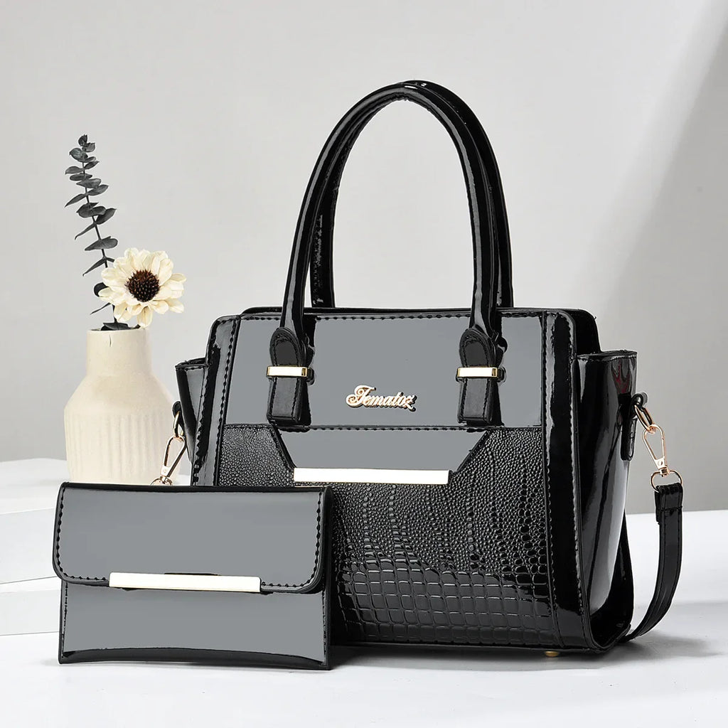 Casual shoulder women's bag simple large-capacity mother and child bag bright leather fashion portable two-piece bag