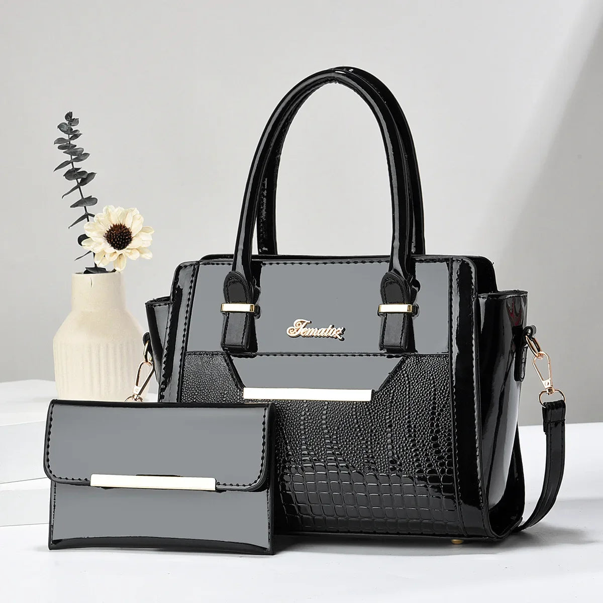 Casual shoulder women's bag simple large-capacity mother and child bag bright leather fashion portable two-piece bag