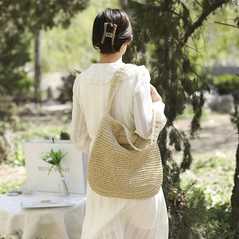 Women Large Capacity Shoulder Bags Handmade Straw Woven Fashion Travel Shopper Totes Ladies Bohemis Designer Casual Handbags