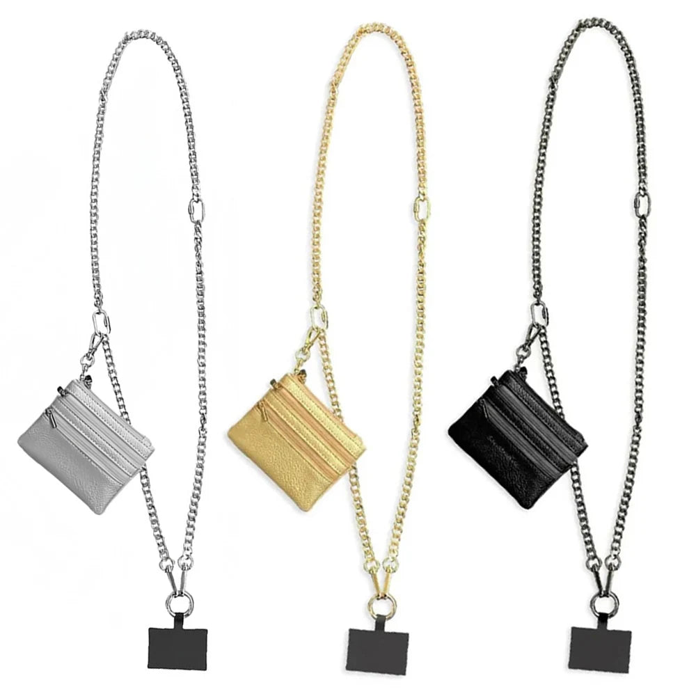 Metal Crossbody Phone Strap With Zippered Pocket Anti-Drop Phone Case Wallet Card Slot Shoulder Phone Lanyards Fashion Bag Chain