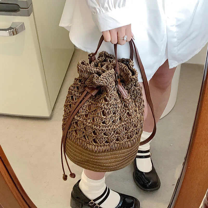 Handmade Women's Summer Straw Beach Shoulder Bag Woven Hollow Drawstring Shoulder Bags Knitted Fashion Female Design Travel Tote