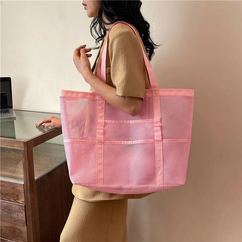 Portable Mesh Beach Bag For Women Makeup Travel Storage Wash Bag Summer Travel Swimming Bath Bag Organizer Shopper Totes