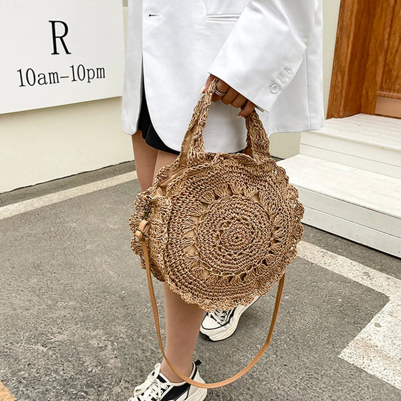 Bohemian Straw Bags for Women Circle Beach Handbags Summer Rattan Shoulder Bags Handmade Knitted Travel Big Totes Bag New