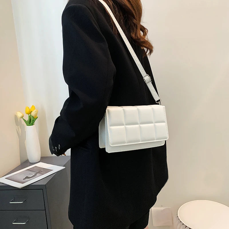 New Solid Color Fashion Shoulder Handbags Female Travel Messenger Bag Plaid Small PU Leather Crossbody Bags For Women