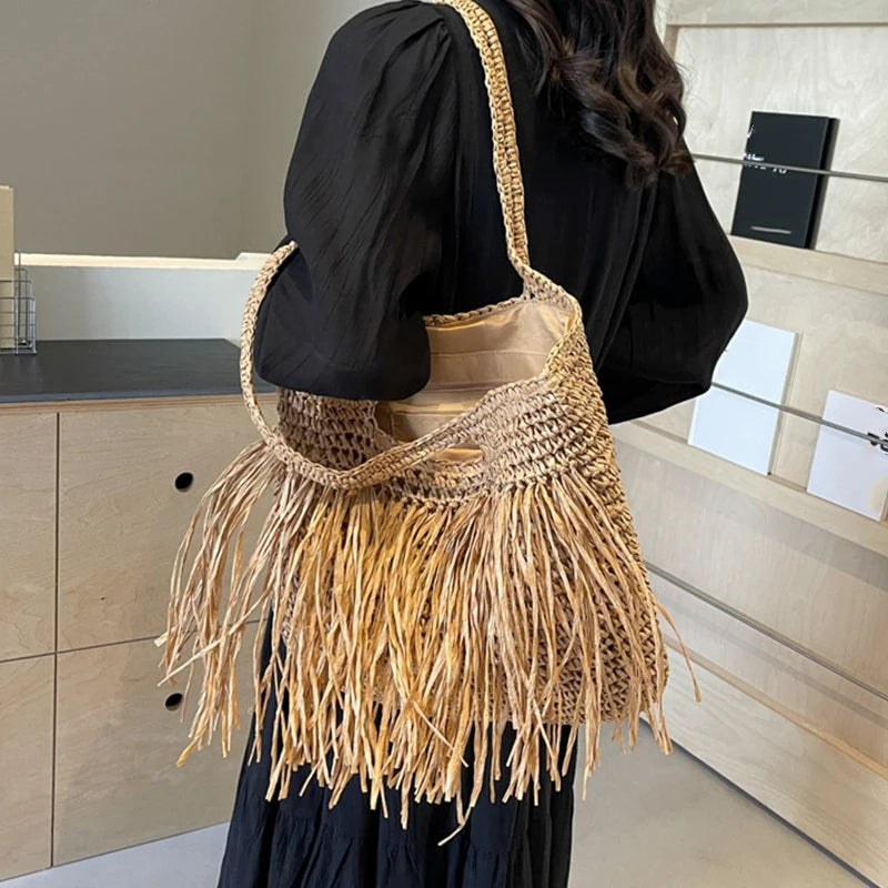 Casual Tassel Woven Women Shoulder Bags Handmade Fringe Lady Handbags Summer Beach Large Tote Bag Shopper Purse for Vacation