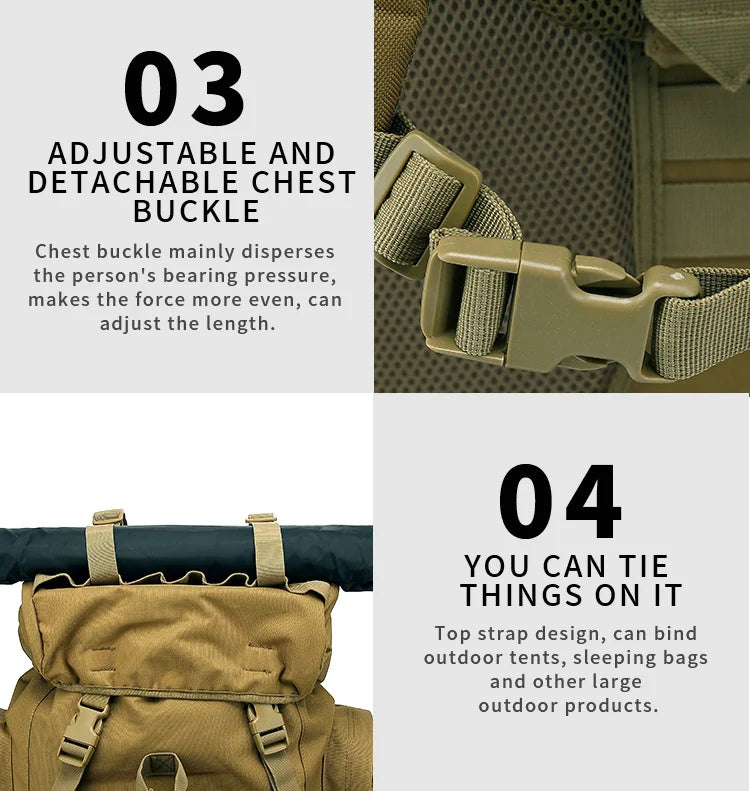 65L Large Capacity Waterproof Outdoor Hking Backpack Tactical Hunting Camping Rucksack Rain Cover Mountaineering Climbing Bags