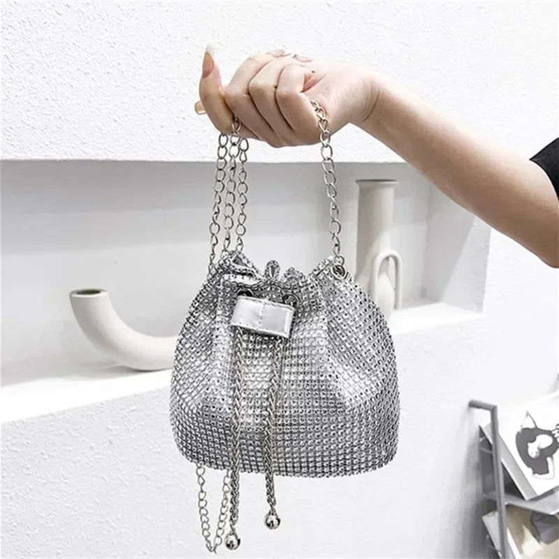 Charming Rhinestone Dinner Bag Sparkling Drawstring Chain Bucket Shoulder Crossbody Bags for Women Daily Christmas Party Banquet