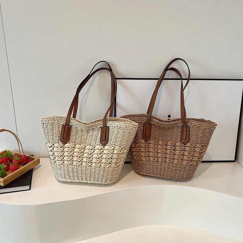 Summer Straw Bags for Women Straw Shoulder Bags Rattan Woven Top Handle Bag Hollow Raffia Crochet Beach Bag Casual Handbags