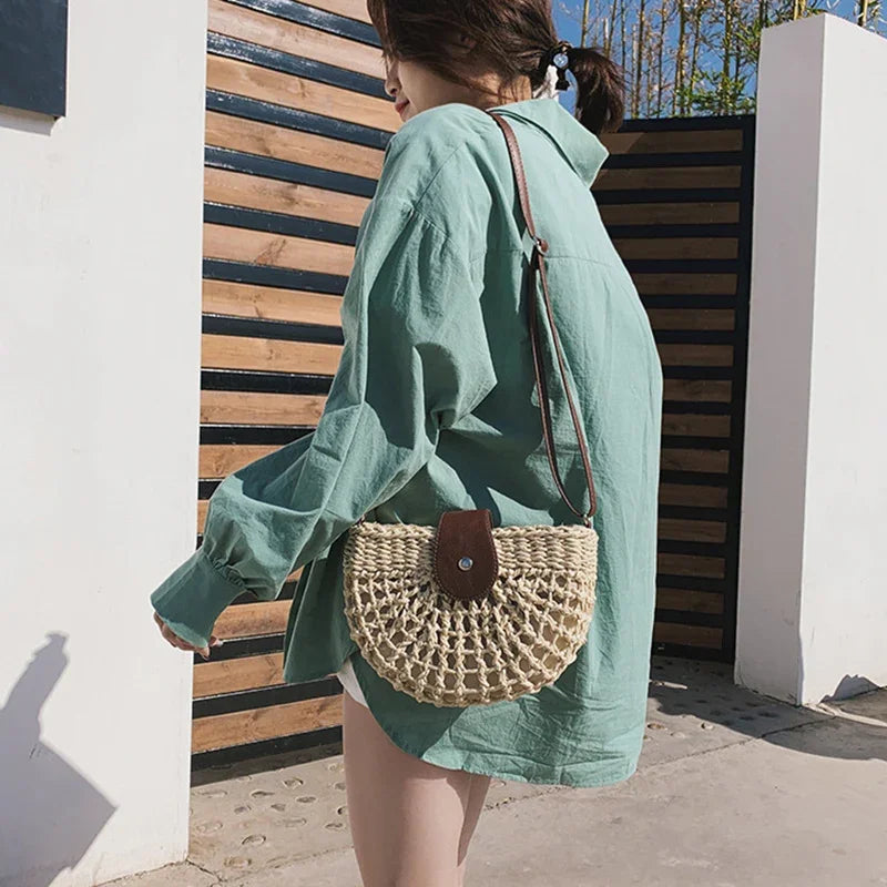 Summer Fashion Handmade Straw Shoulder Bags for Women Hollow Out Crossbody Bag Pouch Female Half Round Purse Vintage Handbags