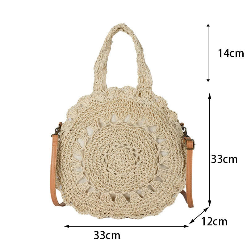 Summer Round Straw Bag Women Woven Rattan Beach Bag Hot New Shoulder Bag Circle Hollow Out Handle Bag Casual Shopper Tote Pouch
