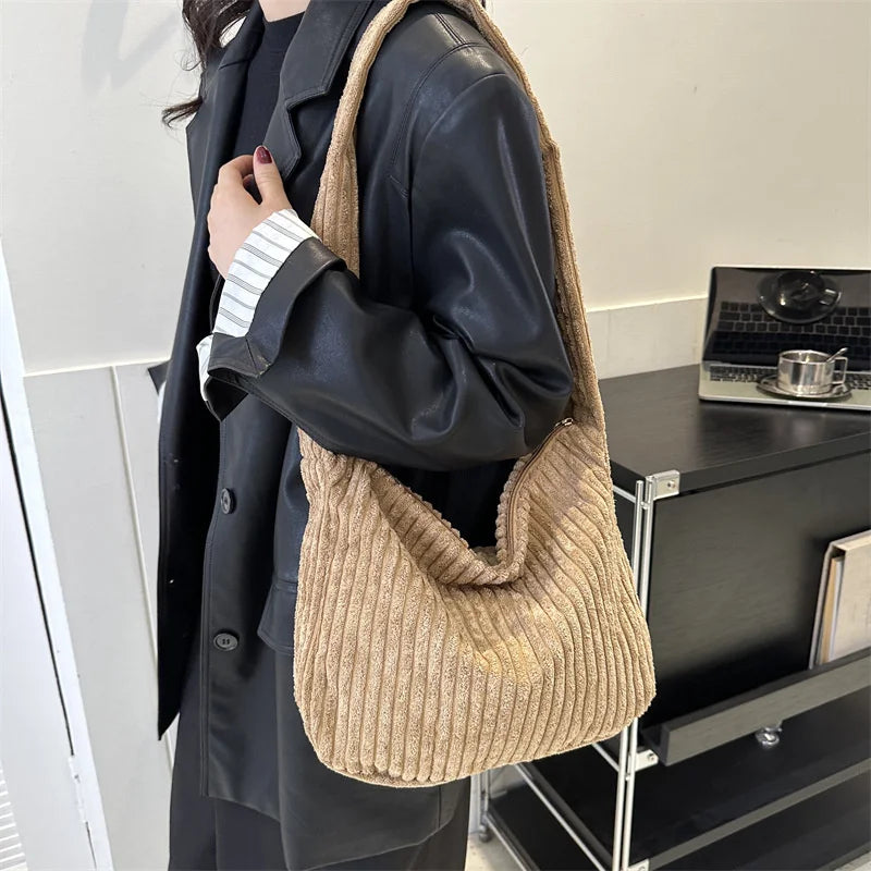 Winter Tote Bag for Women Large Capacity Handbags Casual Shoulder Bags Trend Female Corduroy Shopper Crossbody Bag
