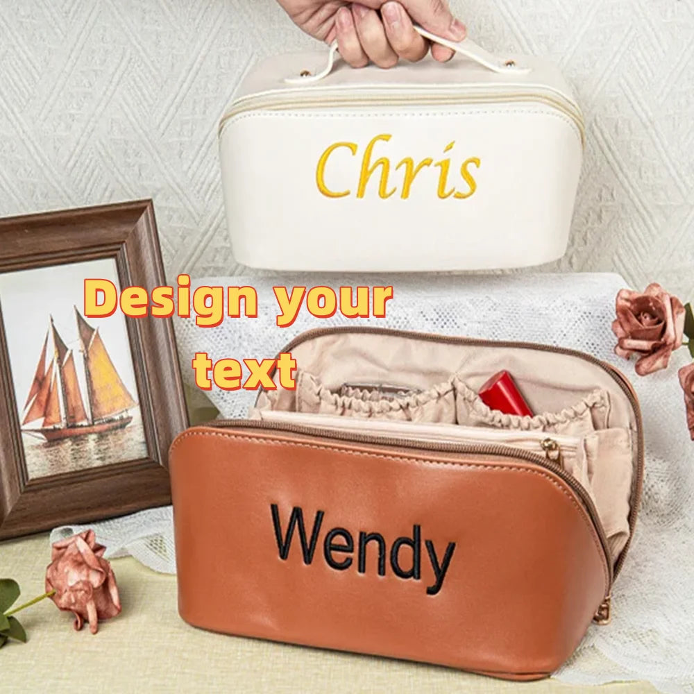 Customized Personalized Leather Square Cosmetic Bag Beauty Skin Care Large Capacity High Quality Portable Handheld Cosmetic Case