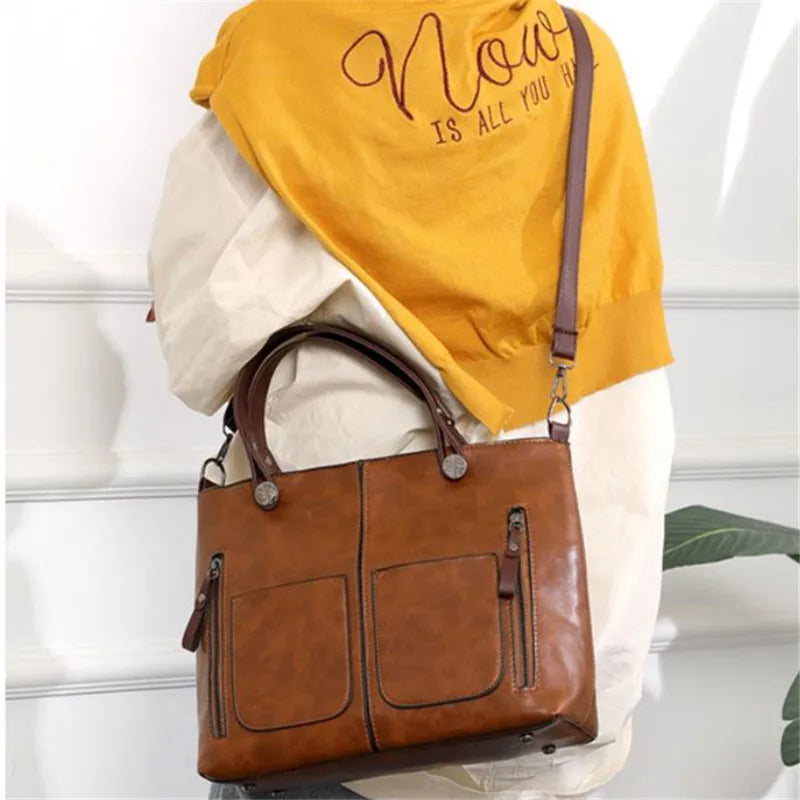 Europe America Retro Leather Handbag Shoulder Bag, Two Pocket Zipper Tote Bag, Classic Crossbody Bags for Women Work Business