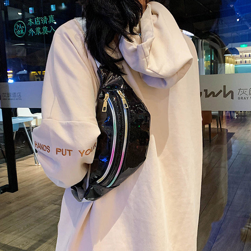 Holographic Fanny Pack Hologram Waist Bag Laser PU Leather Travel Banana Hip Bum Zip Waist Bags Women Shoulder Bag for Girls