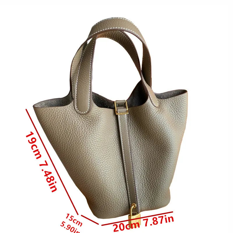 Stylish Handbag, Unique Bucket Classic Shopping Tote Bag, Soft PU Litchi Pattern Basket Women Bag with Lock Small Horse Scarves