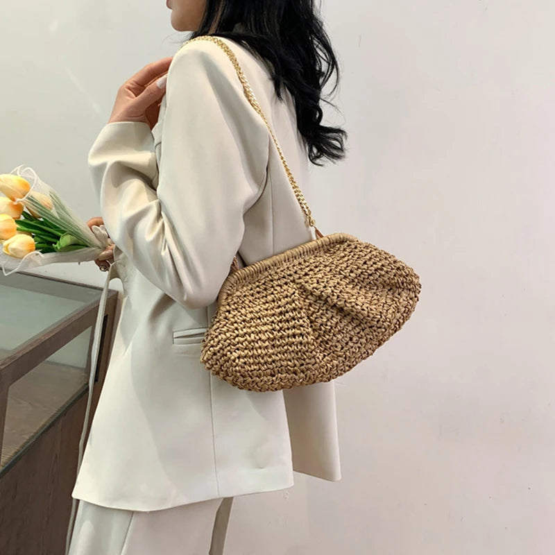 Straw Dumpling Clutch Bag Woven Straw Tote Clutch Purse For Women Summer Beach Bag Wicker Clutch Straw Purses For Women