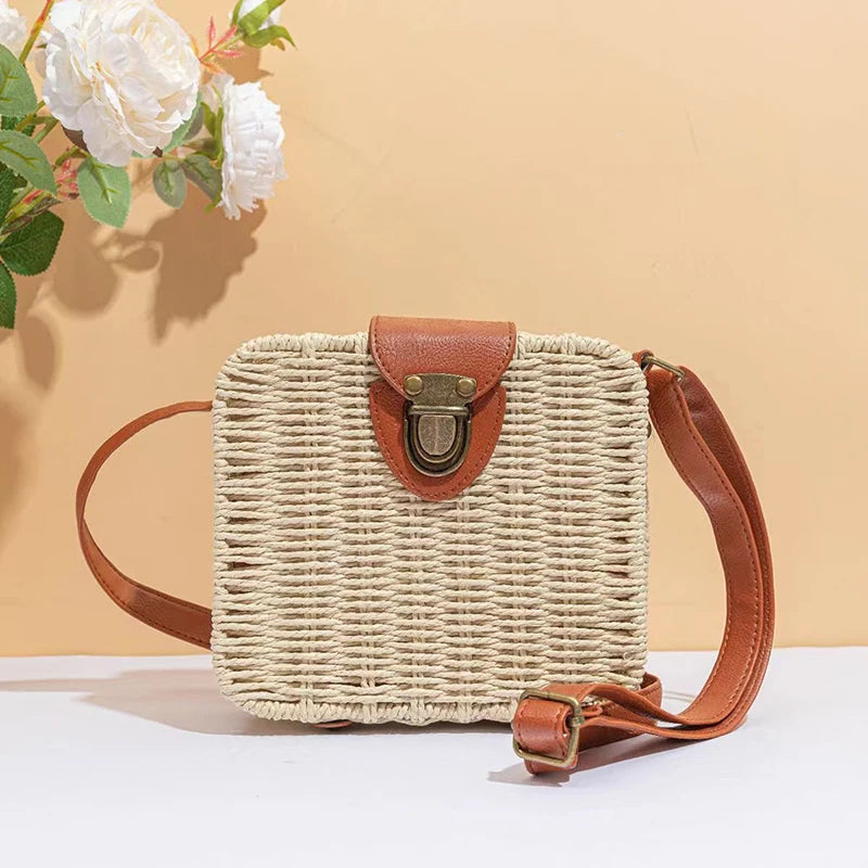 Straw Crossbody Bag For Women Bohemian Small Knitting Summer Purse And Handbag Vacational Square Beach Bags
