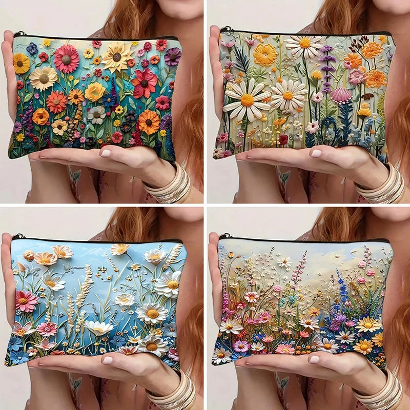 Flower Printed Canvas Cosmetic Bag, Large Capacity Wash Bag, 3D Portable Makeup Travel Bag, Double Sided Print Cotton and Linen