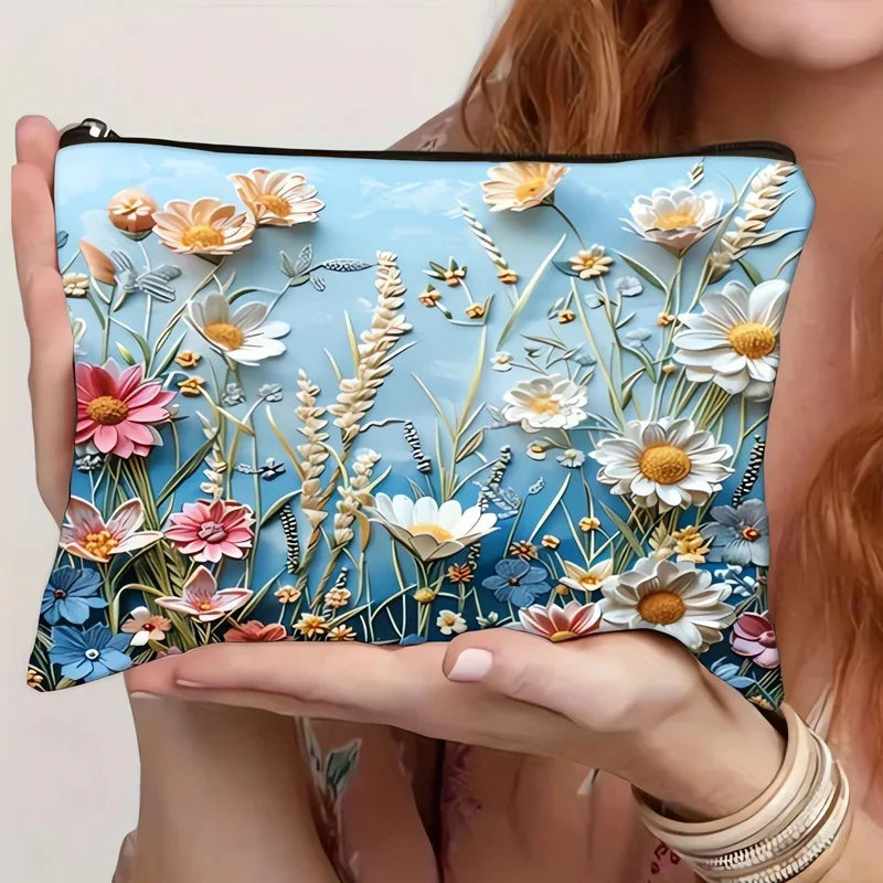 Flower Printed Canvas Cosmetic Bag, Large Capacity Wash Bag, 3D Portable Makeup Travel Bag, Double Sided Print Cotton and Linen