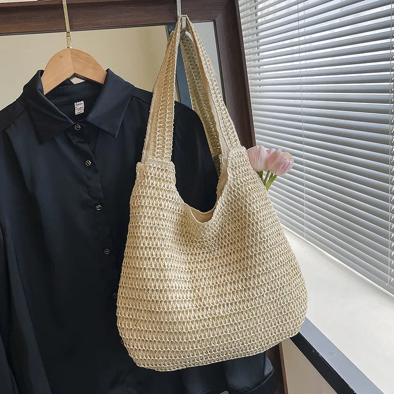Fashion Straw Women Shoulder Bags Paper Woven Female Handbags Large Capacity Summer Beach Straw Bags Casual Tote Purses