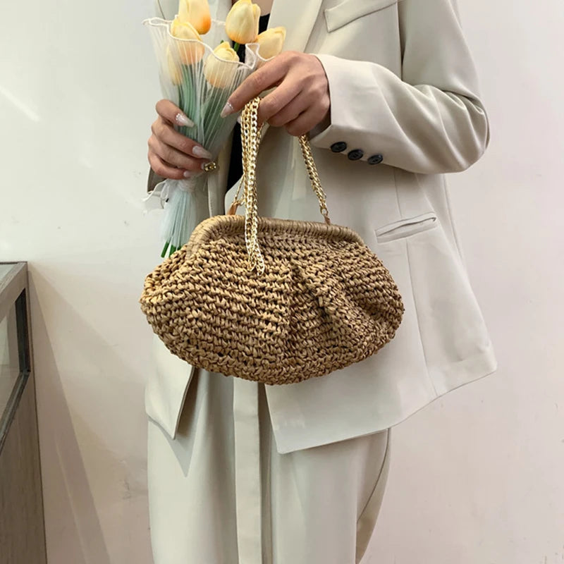 Straw Dumpling Clutch Bag Woven Straw Tote Clutch Purse For Women Summer Beach Bag Wicker Clutch Straw Purses For Women