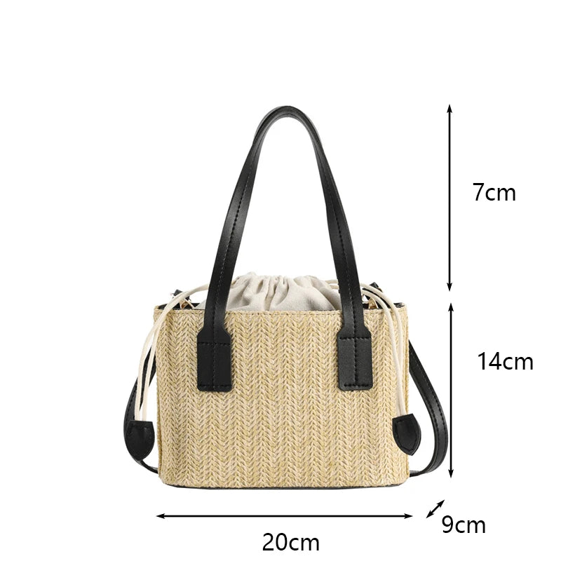 Knit Travel Bags Straw Woven Beach Bag Wrist Pack Women Handle Female Bucket Tote Bags Rattan Ladies Purses Handbag