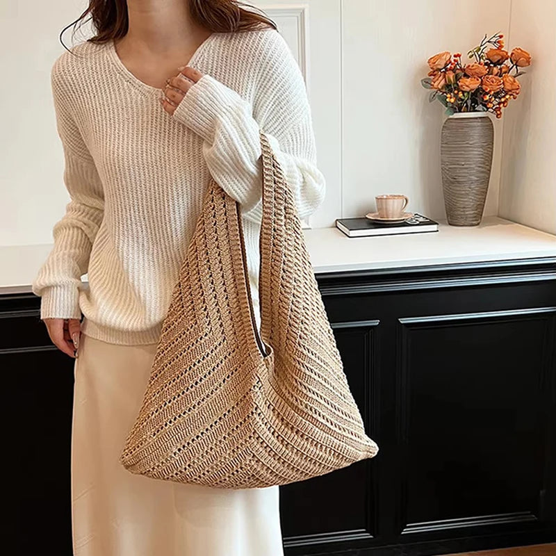 Brand Women Tote Knitting Handbag Triangle Design Woven Beach Bag Lightweight Elegant Portable Shoulder Bag Purse