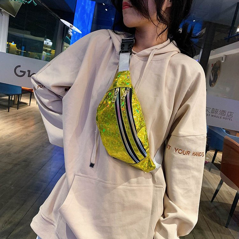 Holographic Fanny Pack Hologram Waist Bag Laser PU Leather Travel Banana Hip Bum Zip Waist Bags Women Shoulder Bag for Girls