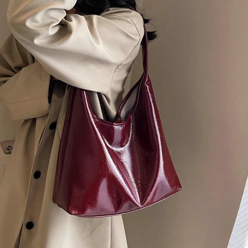 Soft PU Leather Quality Underarm Bag Vintage Wine Red Ladies Shoulder Bag Commuter Large Handbag Women's Versatile Tote Bag