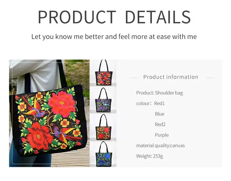 Ethnic Style Embroidery Shoulder Bag Large Capacity Literary Canvas Bag Retro Peony Tote Shopping Bag