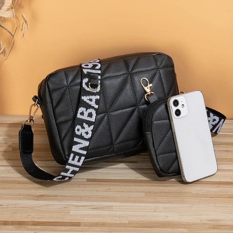 New Solid Color Diamond Plaid Son And Mother Fashion Shoulder Bag Trendy Letter Wide Shoulder Strap Crossbody Small Square Bag
