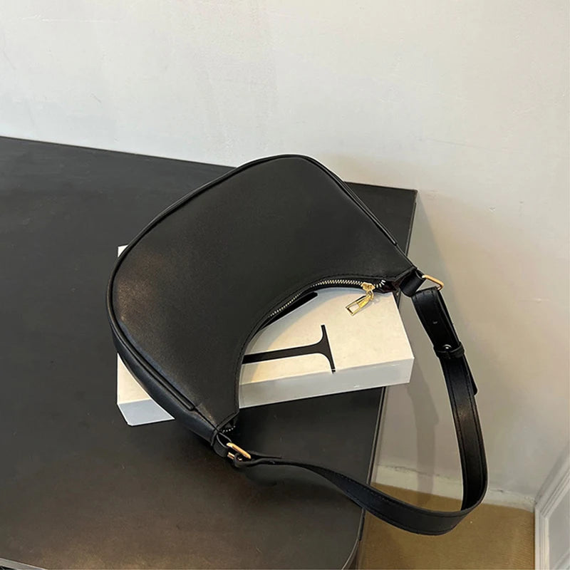 Womens Fashion Handbags Retro Solid Color Pu Leather Bag Half Simple Color Underarm Shoulder Bag Moon Casual Purse