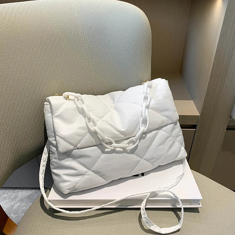 Fashion Chain Crossbody Bags Women Winter Cotton Padded Quilted Shoulder Bags Casual Large Capacity Simple Female Handbags