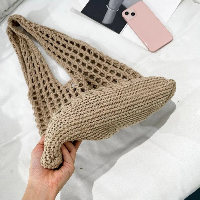 Fashion Crochet Bags for Women Summer Beach Tote Bag Aesthetic Totes Handbag Bohemian Woven Knit Shoulder Bag