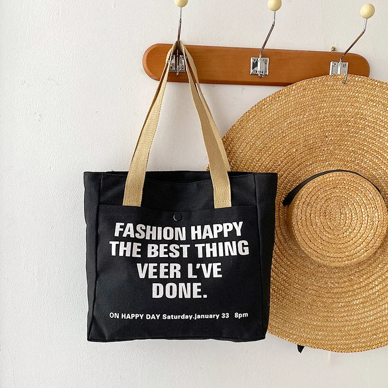 Letter Print Shopping Canvas Bag Large Capacity Casual Lightweight Handbag Women Shoulder Bag, Back To School Campus Schoolbag