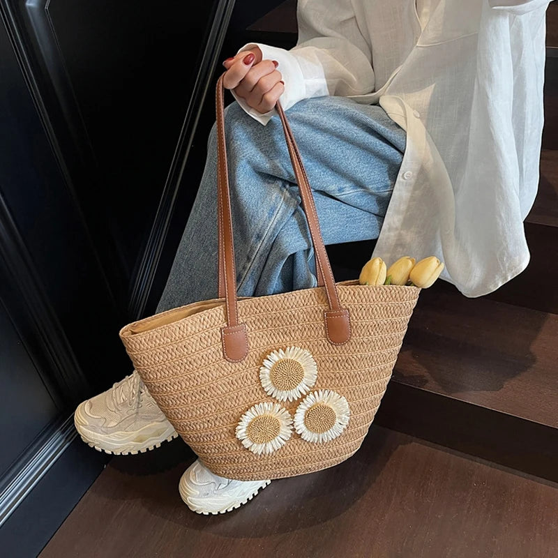 Woven Women Handbag Large Capactity Basket Summer Beach Bag Shopper Tote Ladies Travel Shoulder Underarm Bags