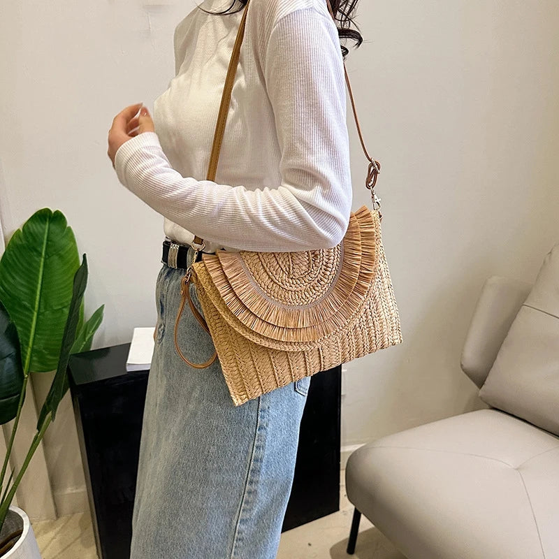 Raffia Straw Weaven Bags Fashion Ladies Wrist Clutches Summer Women Shoulder Crossbody Bags Handmade Handbags Purse Beach Bag